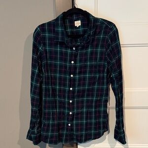 J. Crew Women's Green and Navy Plaid Button-Down Shirt